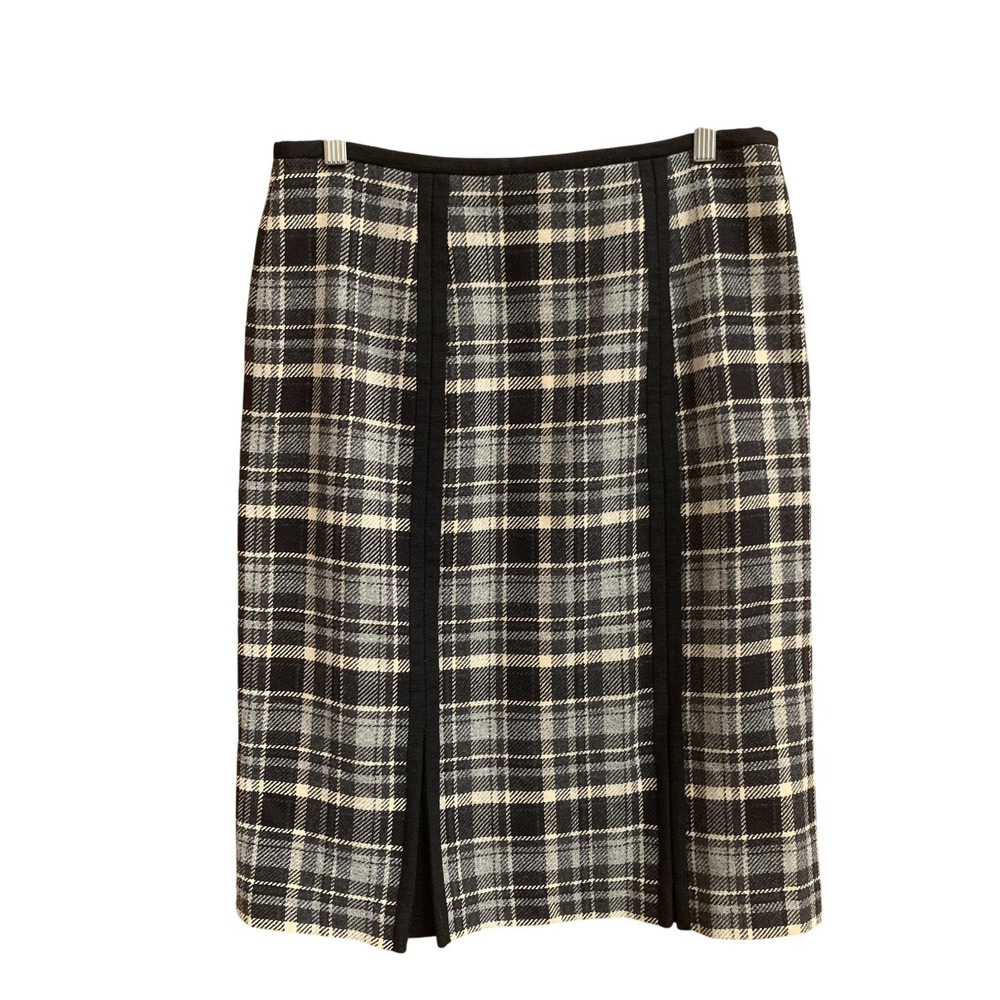 Jenne Maag 100% Wool Plaid Pencil Skirt M Black Gray Dark Academia Made USA